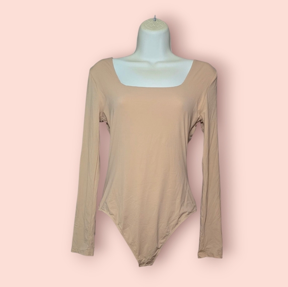 Quince Second Skin Square Neck Long Sleeve Bodysuit In Mocha Women's Medium - Picture 1 of 3